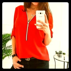 ****SOLD****Red Blouse zipper collar roll up